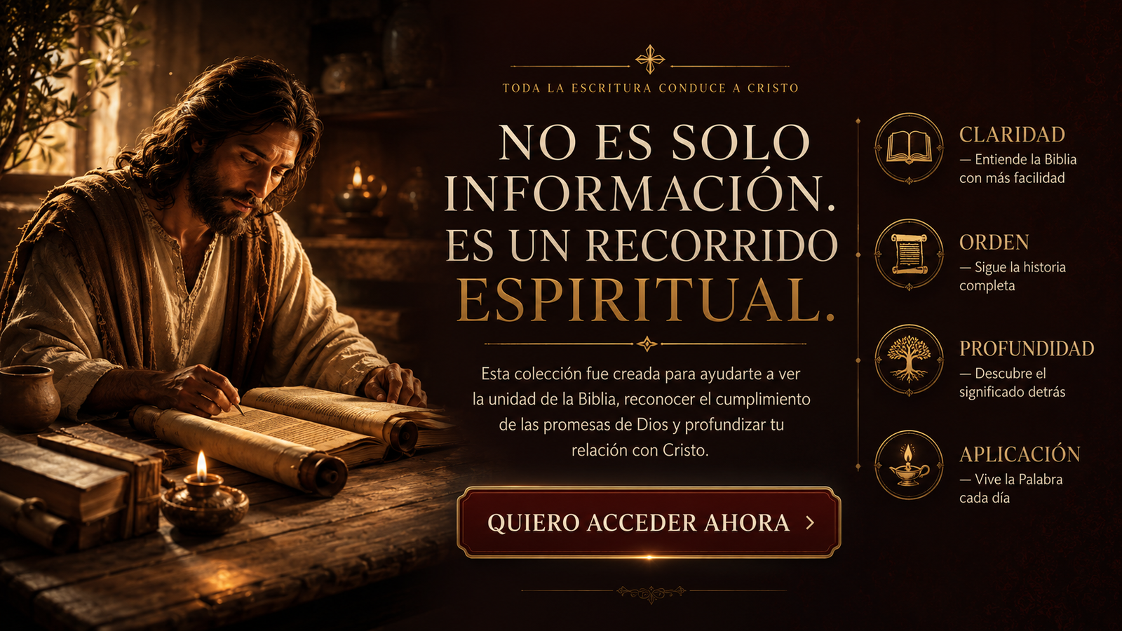 Jesús estudiando las Escrituras junto a los pilares de claridad, orden, profundidad y aplicación